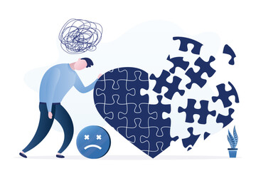 Heart breaks into pieces. Unhappy man experiences negative emotions after end of love. Relationship breakdown, conflict between lovers. Bad mood, mental problems.