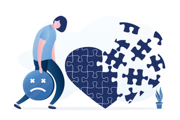 Heart breaks into pieces. Unhappy woman experiences negative emotions after end of love. Relationship breakdown, conflict between lovers. Bad mood, mental problems.