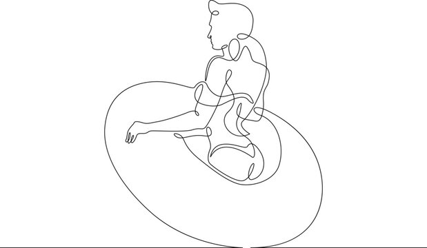 One continuous line. Girl with an inflatable circle. Bathing. Girl on the beach. A woman bathes with an inflatable ring. One continuous line drawn isolated, white background.