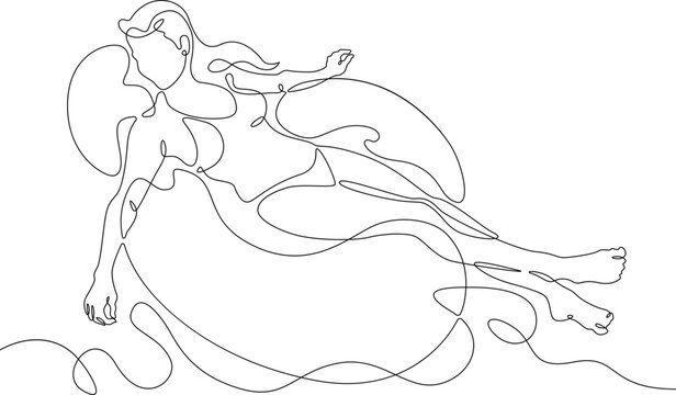 One continuous line. Girl with an inflatable circle. Bathing. Girl on the beach. A woman bathes with an inflatable ring. One continuous line drawn isolated, white background.
