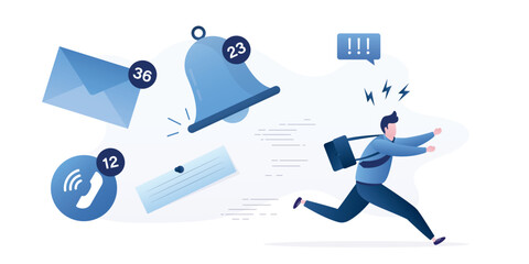 Businessman running away from notes, email and ringing bell notifications. Burnout office clerk, tired worker. Annoy notifications disturbing pop up, online message sound,