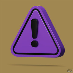 3d Realistic purple triangle warning sign isolated on background. Hazard warning attention sign with exclamation mark symbol. Danger, Alert, Dangerous attention icon. 3D Vector illustration.