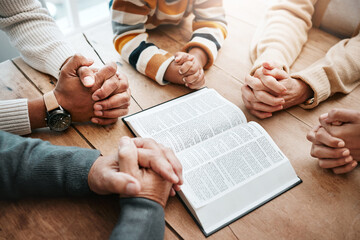 Bible, reading book or hands of big family praying for support or hope in Christian home for worship together. Mother, father or grandparents studying, prayer or asking God in religion with children - obrazy, fototapety, plakaty