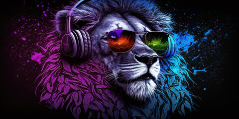 Cool neon party dj lion in headphones and sunglasses, generative ai