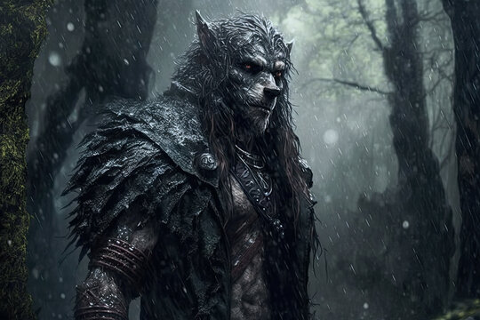 male werewolf with head of wolf in a dark foggy forest. Generative AI illustration