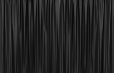 The closed dark black curtain in the theatre background. Theatrical drapes. Black curtains on a theatre stage. 3D Vector illustration.