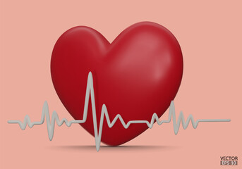 Red heart with white pulse line icon for design. Heart pulse. Heartbeat lone, cardiogram. Healthy lifestyle, cardiac assistance, pulse beat measure, medical healthcare concept. 3d vector illustration.