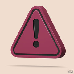 3d Realistic pink triangle warning sign isolated on background. Hazard warning attention sign with exclamation mark symbol. Danger, Alert, Dangerous attention icon. 3D Vector illustration.