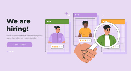 Hiring agency, headhunting concept. Selection of best candidate for Job. Landing page template. Hand drawn color vector illustration isolated on purple background, flat cartoon style.