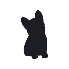 Black silhouette of puppy corgi dog. Portrait of sitting little pet animal. Hand drawn vector illustration isolated on white background, modern flat cartoon style