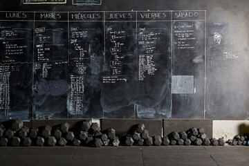 Training plans written on chalkboard.