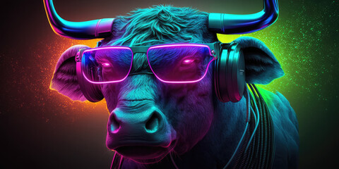 Cool neon party dj bull in headphones and sunglasses, generative ai