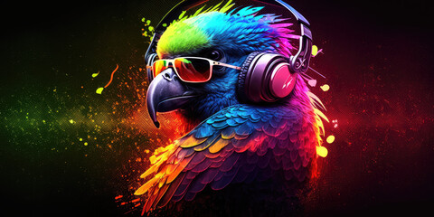 Cool neon party dj parrot in headphones and sunglasses, generative ai