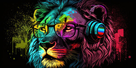 Cool neon party dj lion in headphones and sunglasses, generative ai