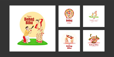 Vector illustration of Happy Bohag Bihu social media story feed set mockup template - obrazy, fototapety, plakaty
