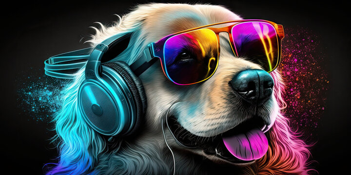 Cool neon party dj golden retriever dog in headphones and sunglasses, generative ai