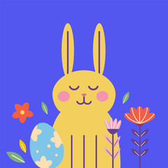 Cute bunny in flowers and paint egg on bright blue background.  Minimalistic modern style design postcard