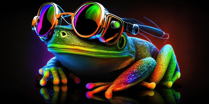 Cool Neon Party Dj Frog In Headphones And Sunglasses, Generative Ai