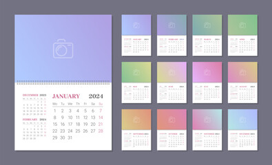 Spiral calendar for 2024 year with place for photo. Corporate and business planner template in English, week starts on Monday, 12 months set vector illustration