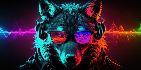 Cool neon party dj wolf in headphones and sunglasses, generative ai