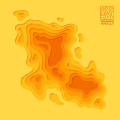 Multi layers soft texture paper cut layers, yellow topographic map. Abstract papercut banner, cover, brochure, background with turquoise smooth origami flowing liquid texture vector illustration