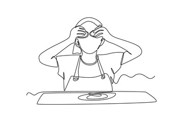 Continuous one-line drawing child plays with cookie dough. Kitchen activity concept Single line draw design graphic vector illustration