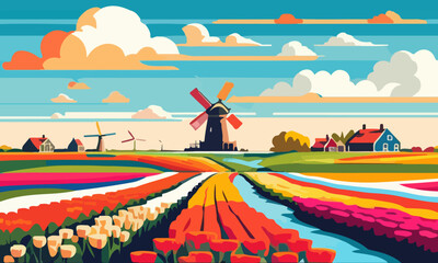 Vector illustration of a landscape with Dutch tulips and windmills. For design posters and greetings. - obrazy, fototapety, plakaty