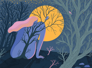 Vector illustration of a woman among the trees against the backdrop of the full moon. - 581676556