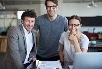 The smiles of success. Portrait of three business colleagues in the office.