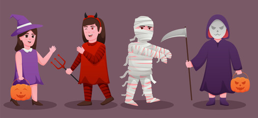 Halloween character vector set. Kids cartoon wearing Halloween costumes