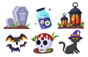 Halloween element vector set with tombstone, lantern, bats, skull and black cat.