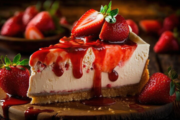 Slice of strawberry cheesecake on wooden table. Piece of cake. Generative AI