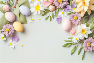 Naklejka na ściany i meble Easter background with copy space. Eggs, flowers, pastel colors illustration top view generative AI, generative, ai
