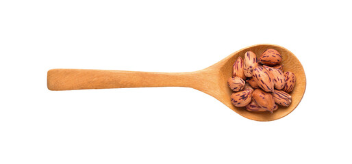 Peanuts ,thai name is tiger-stripe beans in wood spoon isolated on transparent png. Top view