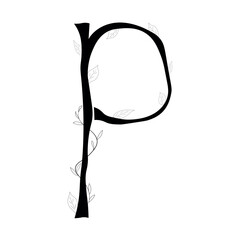 letter P as plants, alphabet in the form of a tree with leaves, Floral botanical alphabet isolated on white background