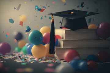 Graduation cap on a pink background on a stack of books with space for text. On the background of balloons and confetti. With Generative AI tehnology - obrazy, fototapety, plakaty