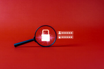Data privacy concept: magnifying glass. Lock with magnifying glass cracking. User information by scanning on a red background. - obrazy, fototapety, plakaty