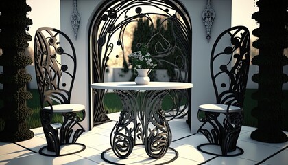 Modern wrought iron terrace next to the garden with chairs and table for the elegant breakfast