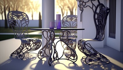 Modern wrought iron terrace next to the garden with chairs and table for the elegant breakfast