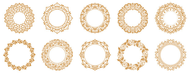 Set of decorative frames Elegant vector element for design in Eastern style, place for text. Floral gold and white borders. Lace illustration for invitations and greeting cards
