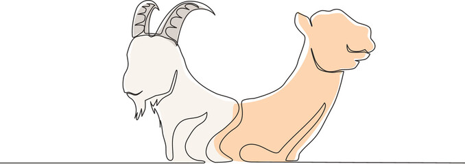 Single continuous line drawing of goat and camel head. Muslim holiday the sacrifice an animal such as goat, camel, sheep and cow, Eid al Adha greeting card concept one line draw design illustration