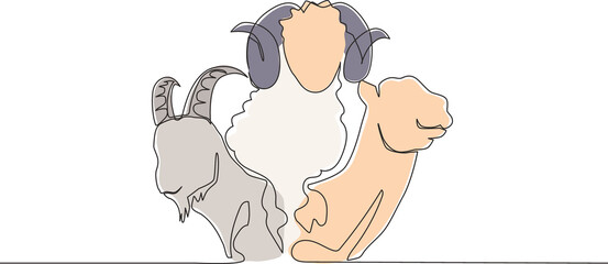 One single line drawing of camel, goat and sheep head. Muslim holiday the sacrifice an animal to God, Eid al Adha greeting card concept continuous line draw design illustration