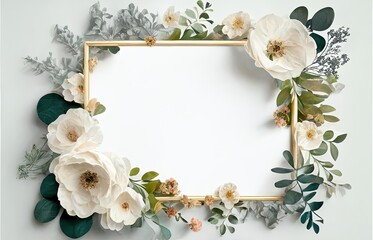 Fototapeta na wymiar White anemone flowers in a gold frame. AI composite