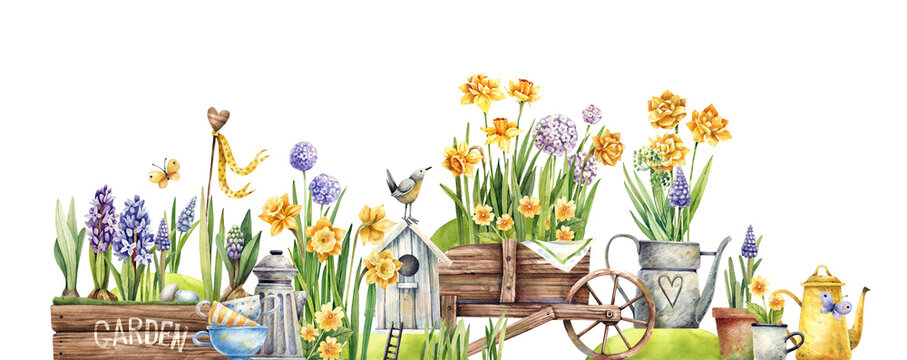 Spring Garden With Blooming Daffodils And Hyacinths, Wooden Boxes And Carts, Watering Cans On A White Background Watercolor Illustration. Vintage Illustration In Rural Style.