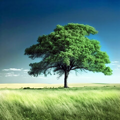 【Generative AI】大草原の中に生える一本の大きな木と昼間の青い空