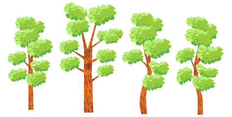 Set of four cartoon trees isolated on white background. Vector illustration.