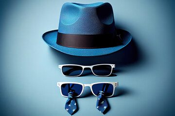 Fathers day concept with hat, glasses and tie on blue background. Generative Ai