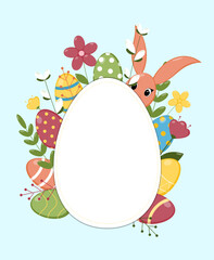 Easter greeting card. Cute Postcard with easter eggs, rabbit and flowers. 
