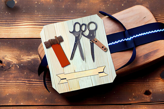 Fathers Day gift tag with top border of tools and ties on wood. Generative Ai