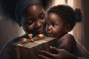 A young, small black african american girl getting a gift for ber birthday from her loving proud black mother, love and affection between mum and daughter - obrazy, fototapety, plakaty